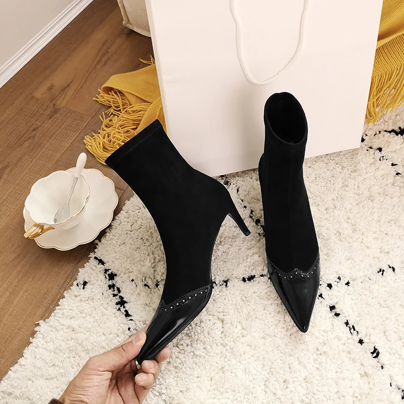 ISNOM Stretch Sock Boots Women Ankle Boots Pointed Toe Cow Leather Shoes Female Short Party High Heels Shoes Ladies Autumn