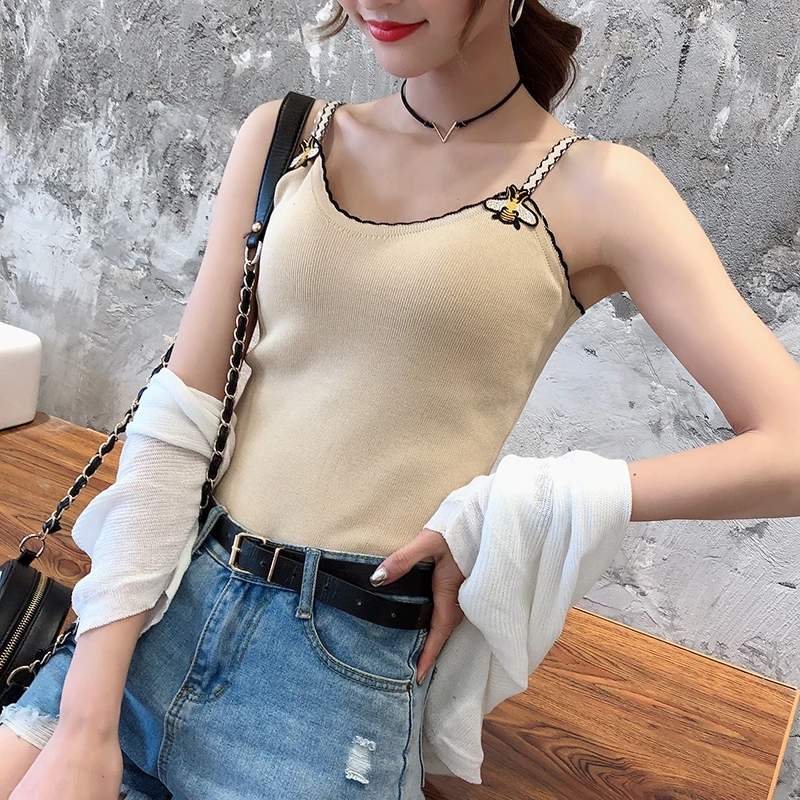 Women Bee Embroidery Sexy Knit Tops Camis Strap Camisole Summer Sleeveless Tanks