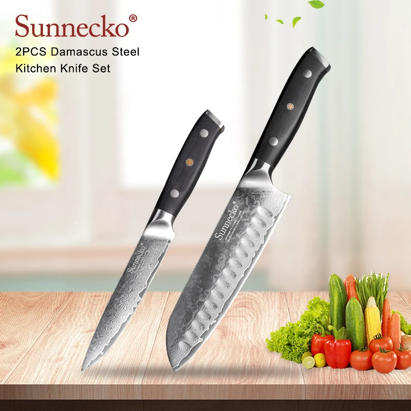 SUNNECKO 2 шт. Кухня Набор ножей Santoku шеф повар Ножи Дамаск японский VG10 Сталь лезвие G10