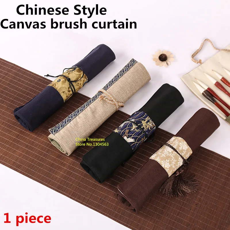 Chinese Canvas Brush Roller Chinese Brush Pen Holder,Penceil Bag Chinese Hair Brush Curtain