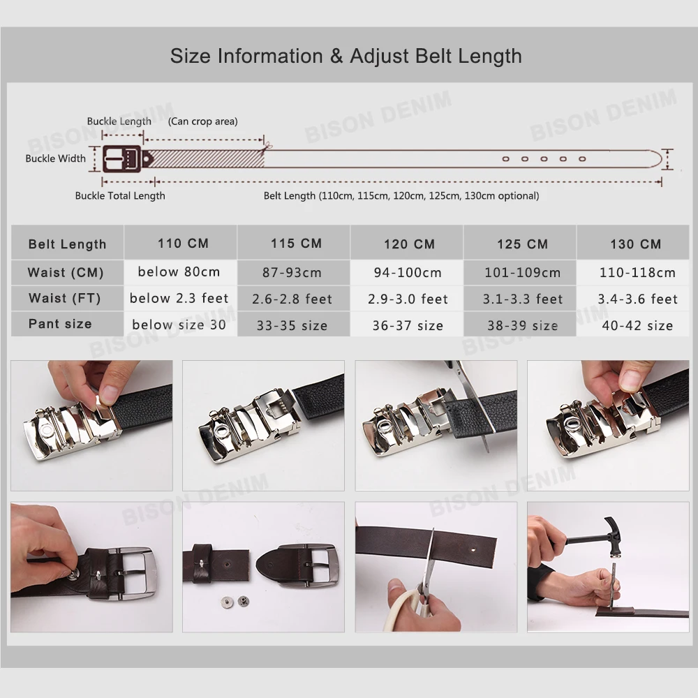 

BISON DENIM Men's Belt Cowskin Genuine Leather Male Belts Business Male Automatic Buckle Casual Men Belt Strap 3.5 width N71360