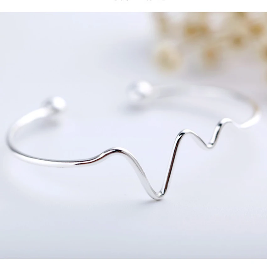 Kinitial Love ECG Heartbeat Bracelets &amp Bangles Charm Lightning Bangle Wrist Cuff for Women Fashion 925 Silver Jewelry | Украшения и