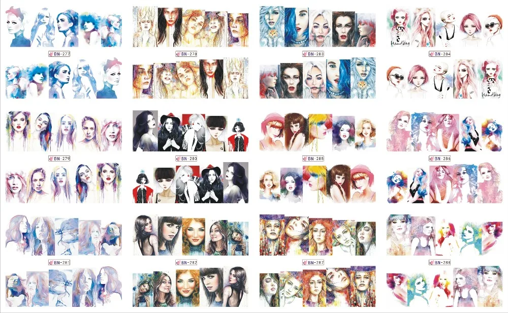 

UPRETTEGO 12 PACKS / LOT NAIL ART BEAUTY WATER DECAL SLIDER NAIL STICKER WATER COLOR PAINTING GIRL LADY URBAN BN277-288