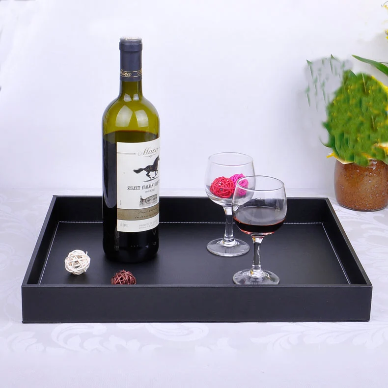 

40x30cm rectangle wood black leather desk tea serving tray trays bandejas tableware food fruit snacks sugars storage box 293A
