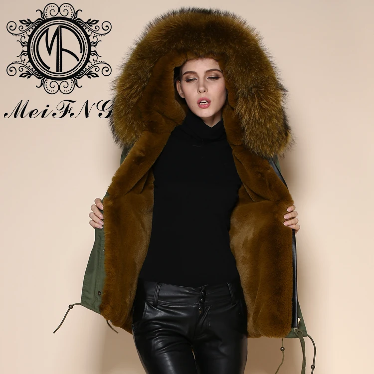 

army green shell snow white color inner anti-wear military long over coat fur