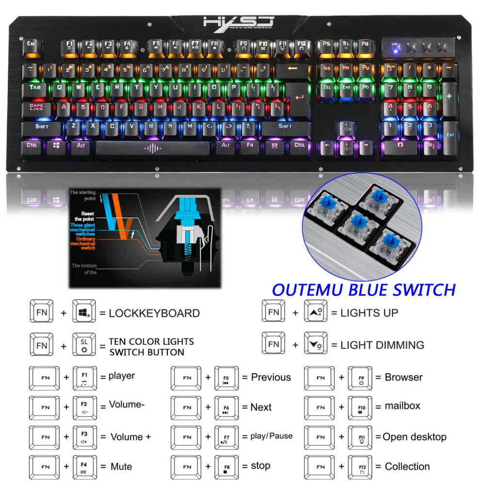 Hxsj 2600 USB Проводная 104 клавиш гуманозация механическая клавиатура синяя ось с