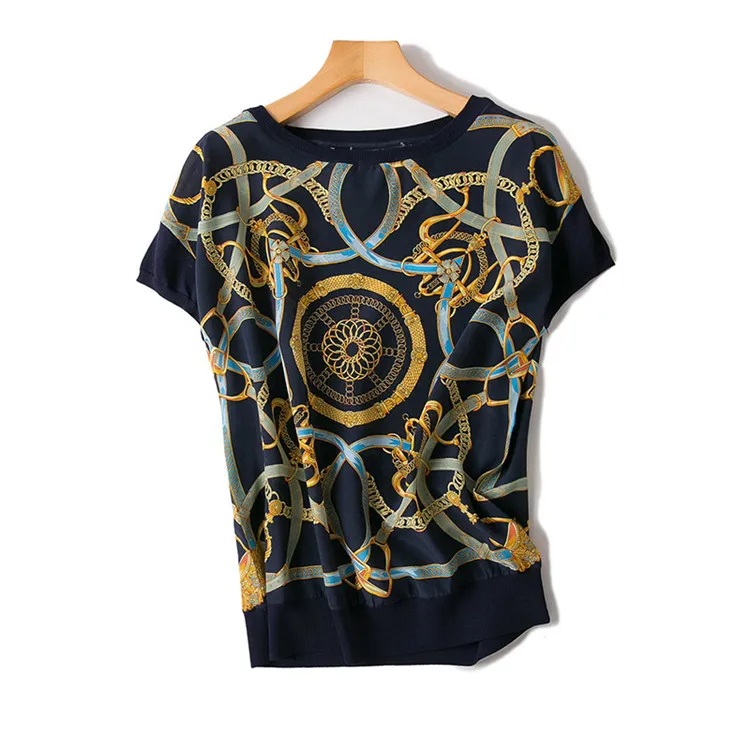 Preise 100% Seide Gespleißt Frauen Sommer Mode Gedruckt Dünnes T-shirt Kurzarm Orange 2 Farbe One & über Größe