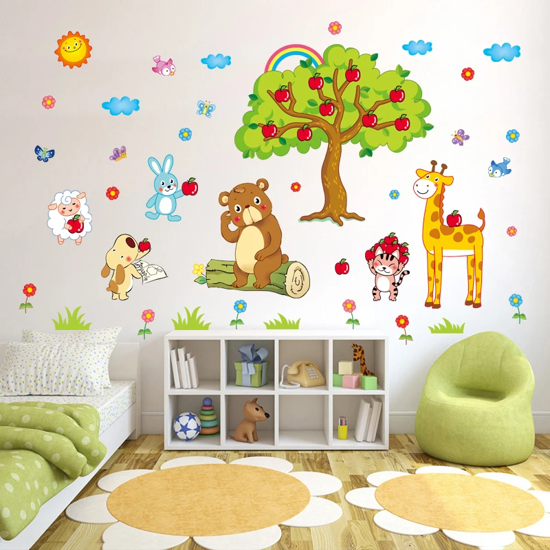 [Fundecor] яблоня, дерево, жираф, мультфильм, животные, зоопарк, настенные наклейки для детской комнаты, детская комната, настенные наклейки, украшение дома, плакат, фреска