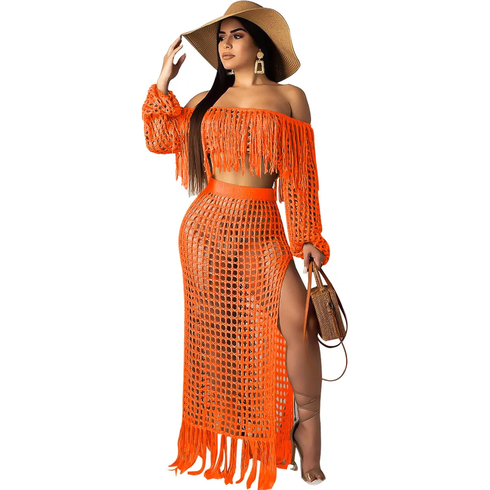 

2019 New Design Women's Off Shoulder Two Piece Sets skirt Tops Summer beachwear holiday wear hollow out two piece outfits