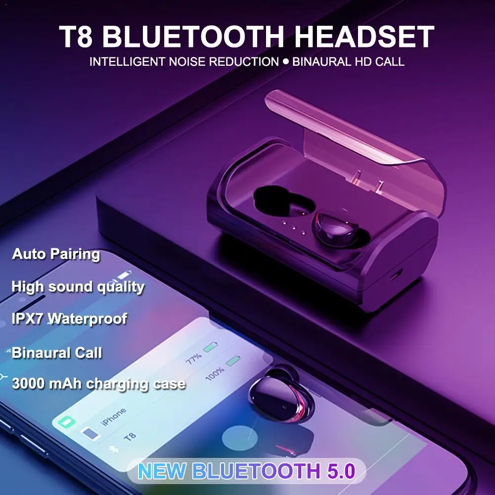 T8 Bluetooth гарнитура наушники-вкладыши TWS Bluetooth 5,0 наушники IPX7 Водонепроницаемый Hi-Fi стерео Шум снижение спортивные наушники с зарядный чехол