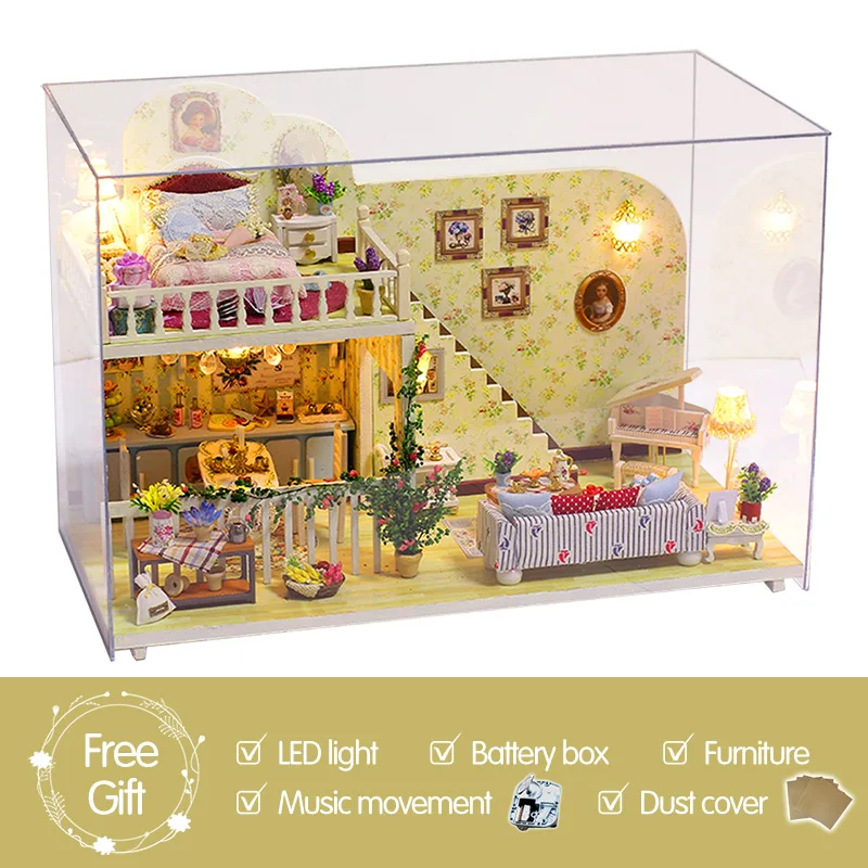 With dust cover Игрушки для детей комплект мебели для девочек DIY Миниатюрный Кукольный дом 3D деревянные кукольные домики миниатюрный кукольный домик - Цвет: With dust cover