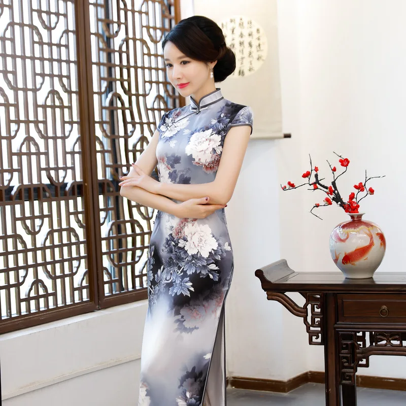 

Платье-Ципао длинное в традиционном китайском стиле, пикантное приталенное вечернее, из вискозы, на пуговицах, лето 2018