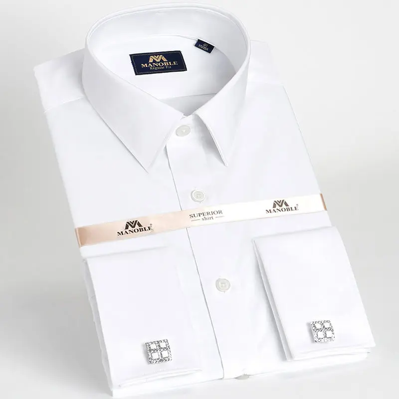 High Quality Men's Dress Shirt Regular Fit Cotton Cufflink Solid Color Long Sleeve Business Suits Blouse