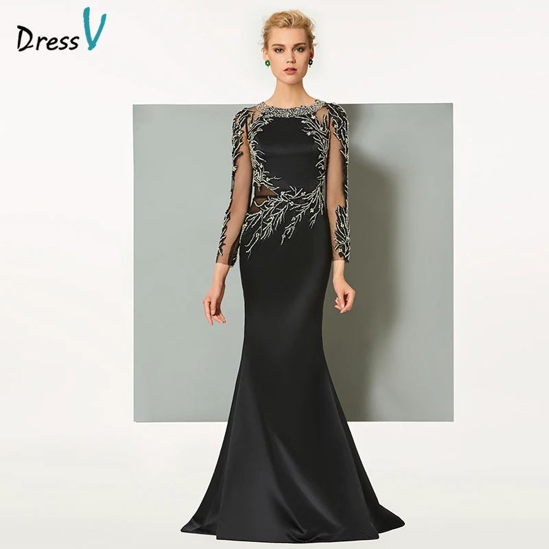 Черное длинное вечернее платье Dressv элегантное с глубоким круглым вырезом и