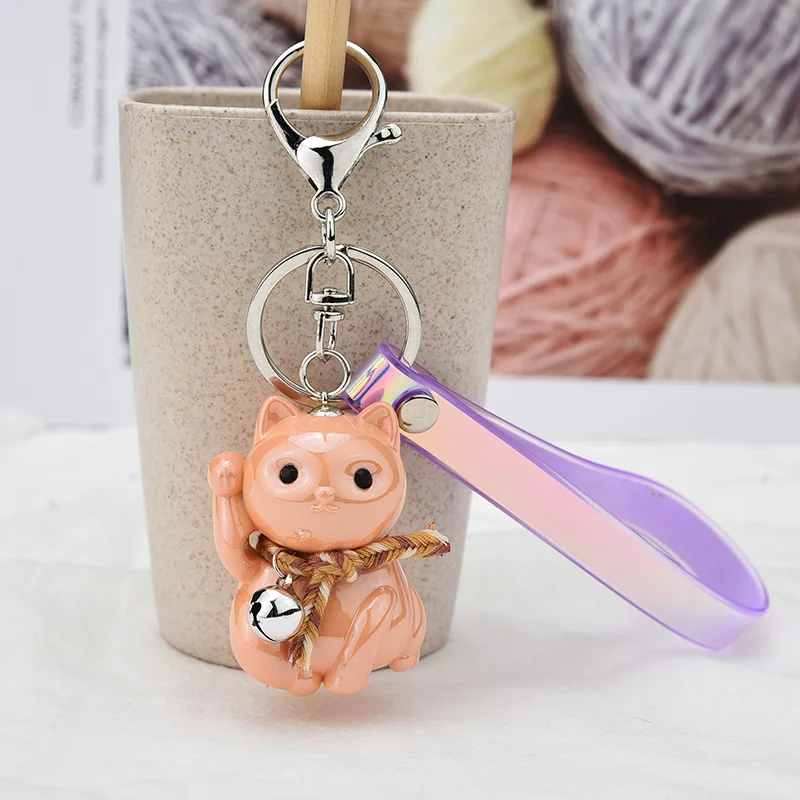 Lt Pink Новинка, брелок для ключей Lucky Cat, милый мультяшный брелок для ключей, пара колокольчиков, ПВХ, волшебный цвет, кожаный шнур, брелок для автомобиля, сумка, висячая, K2269 - Цвет: Lt Pink