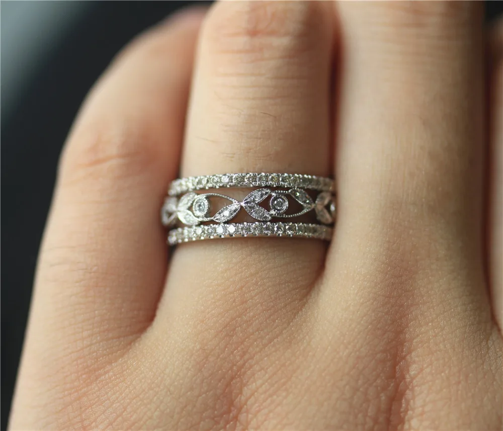 

DUPUY 3pcs 14K White Gold Wedding Ring Set Dainty Full Eternity Diamond Wedding Band Vintage Bezel Setting Match Band Bridal Set