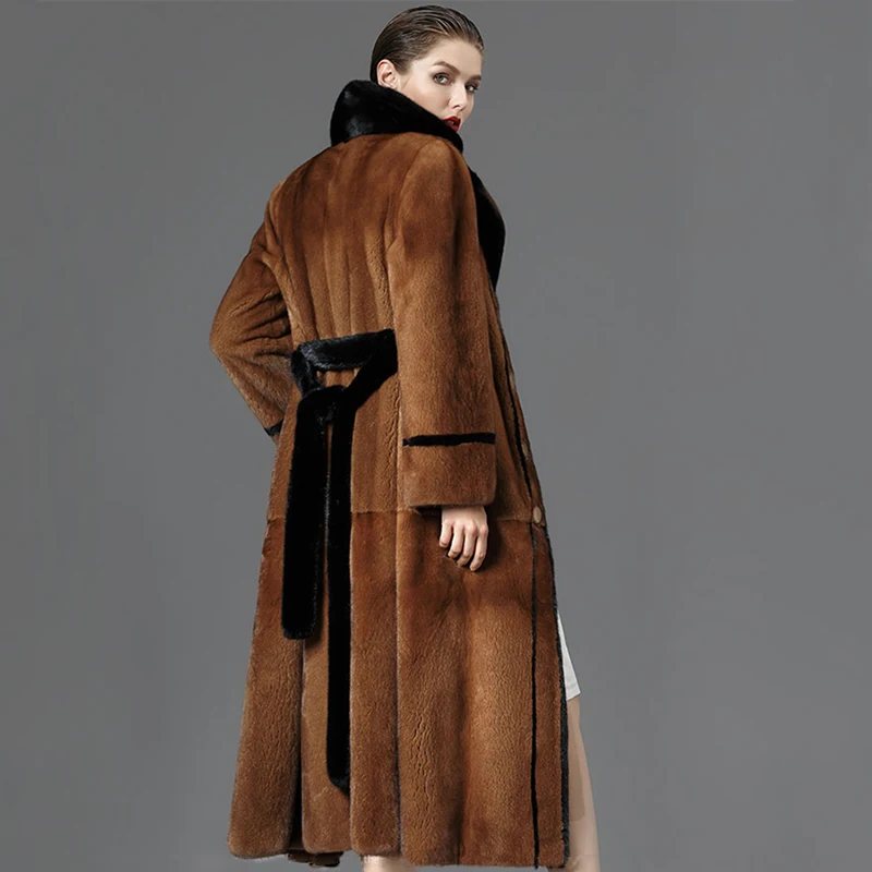 LVCHI Winter 2019 Import Mink Fur Coat Women's Long Sleeve Coat Butterfly Neck Real Natural Fur X-Long Sashes Causal Mink Coats