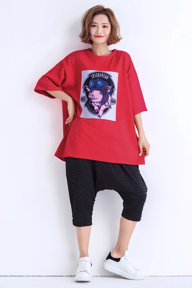 

Summer women's 2019 spring and summer new Korean version of the 3D letter alphabet pig anime loose women's short-sleeved T-shirt