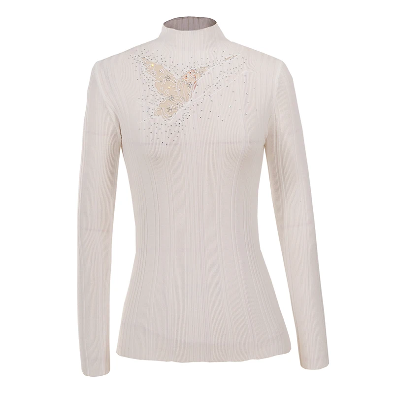 Женский трикотажный пуловер с высоким воротником и вышивкой в виде бабочки 5563