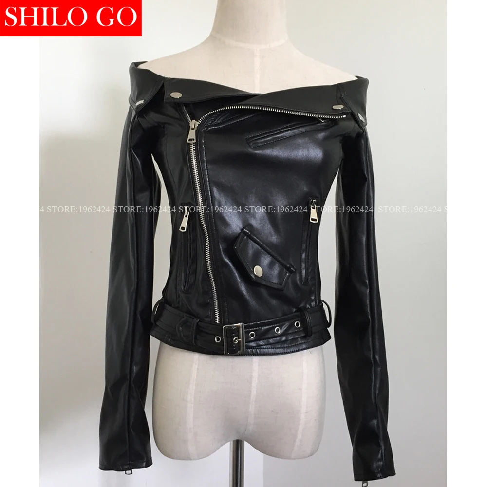 Женская мотоциклетная куртка из искусственной овечьей кожи черная без бретелек