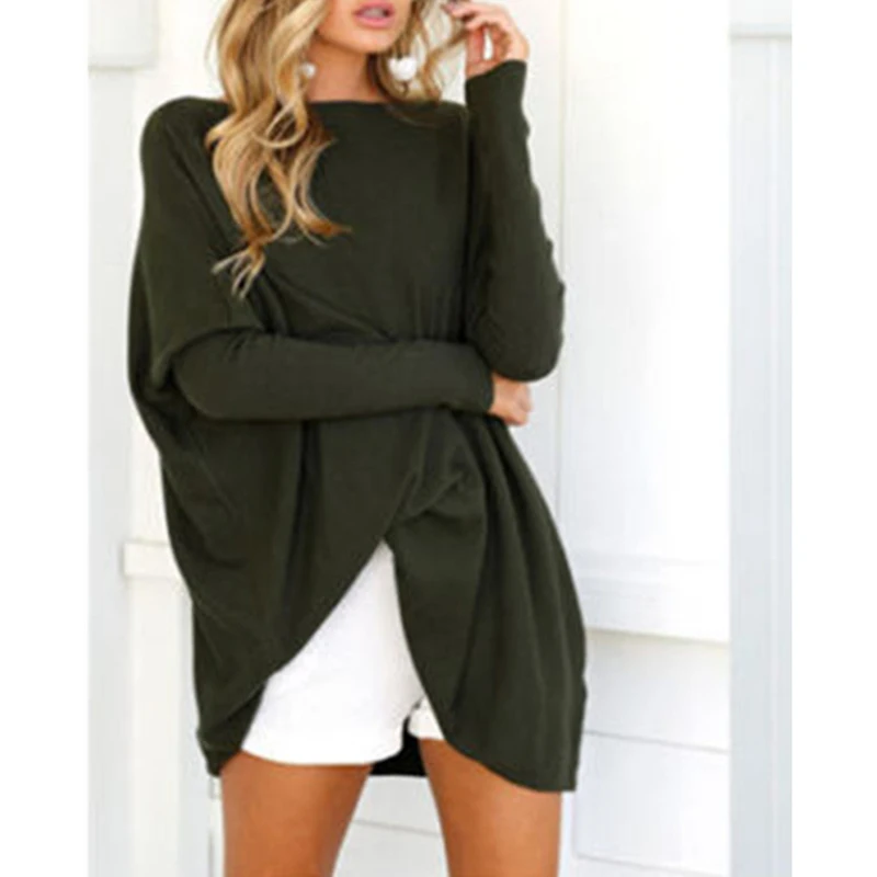 Женская Осенняя Новая модная свободная футболка с длинным рукавом однотонная