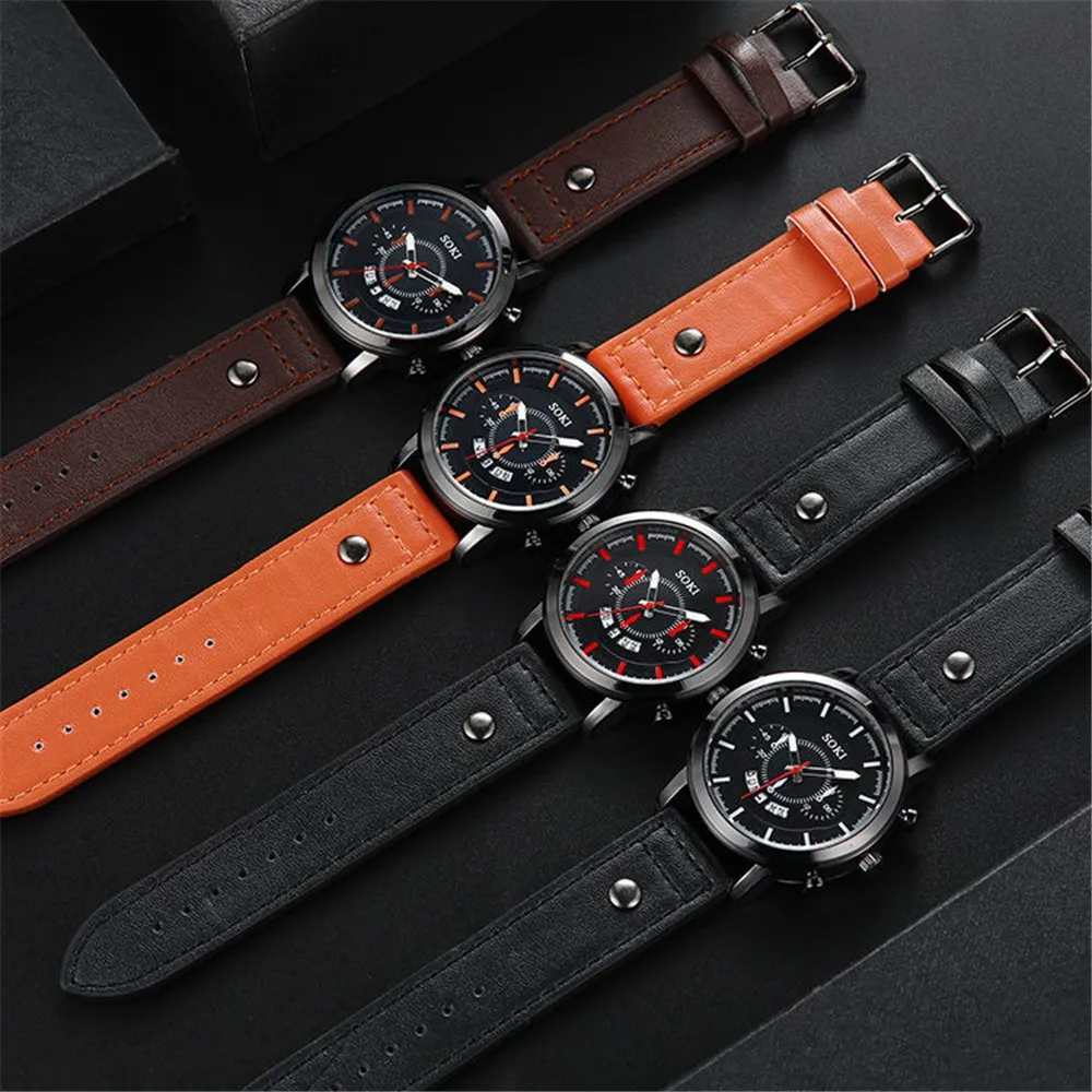 Часы Топ бренд Мужские часы с хронографом спортивные кожаный ремешок мужские