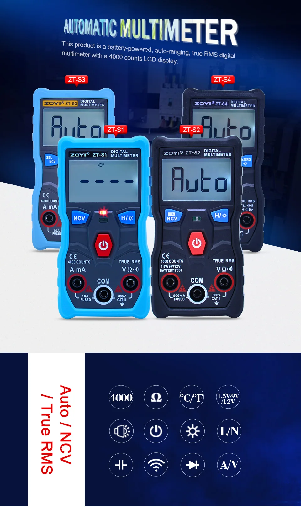 ZOYI ZT-S1/ZT-S2/ZT-S3/ZT-S4 4000 отсчетов Автоматический диапазон True RMS ЖК-цифровой мультиметр с NCV удержанием данных и ЖК-подсветкой+ коробка EVA
