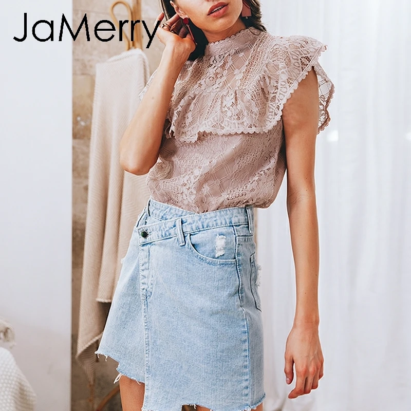 Женская винтажная кружевная блузка JaMerry Элегантная с вышивкой и оборками на
