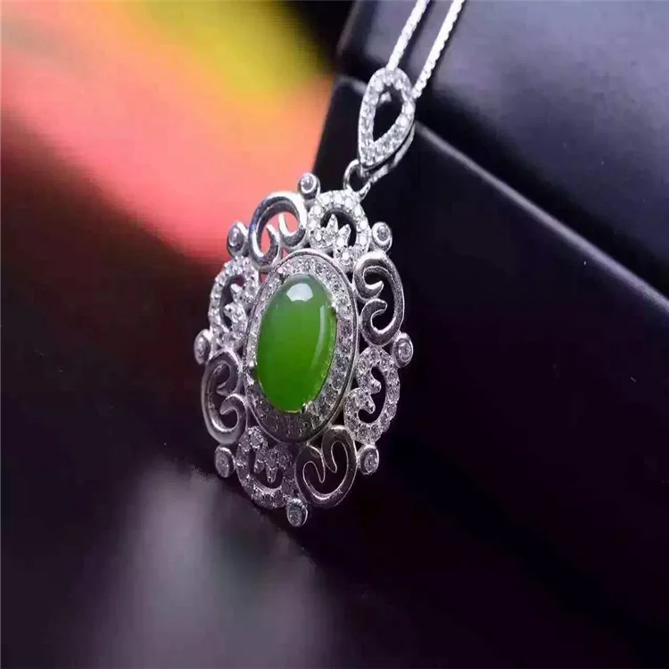 

KJJEAXCMY boutique jewels S925 Pure silver inlay natural jade lady pendant + necklace sunflower spinach green jewelry plant lea