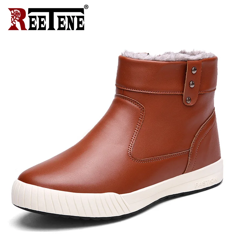 Brown Reetene модные ботинки мужские на шнуровке теплые меховые зимние ботинки мужские из натуральной кожи зимние мужские ботинки повседневные зимние кроссовки мужские - Цвет: Brown