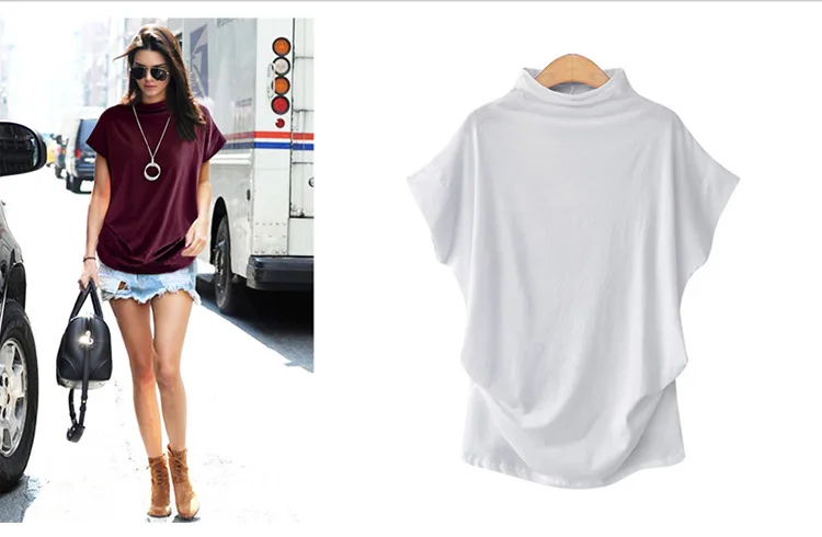 Plus Size 6XL Women Summer T-Shirt Short Batwing Sleeve Loose Solid Gray Turtleneck Tee Shirt New T-Shirts Femme Tees Tops