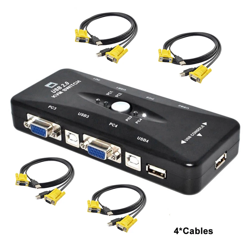 Ingelon 4 Port USB 2.0 KVM Switch 1920*1440 VGA Switch Box Adapter and VGA USB Cables for PC Keyboard Mouse Monitor