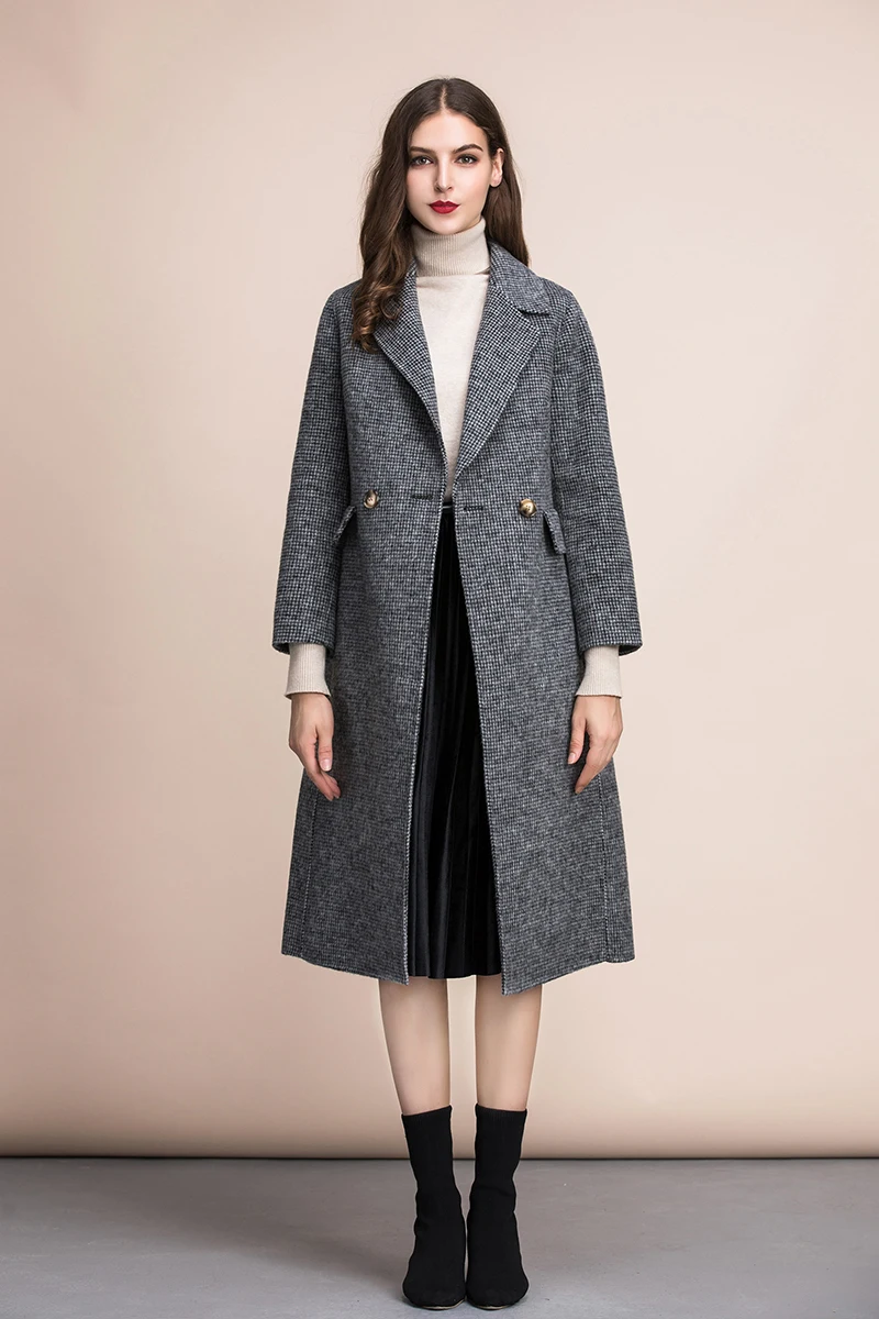 Фото Женское однобортное пальто MIUXIMAO, серое длинное пальто из 2022 чистой шерсти с карманами, Осень-Зима 100% №3