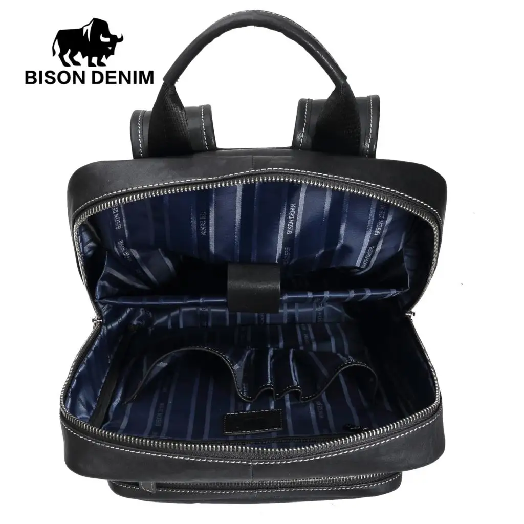 BISON DENIM высококачественные мужские рюкзаки из коровьей кожи вместительные для