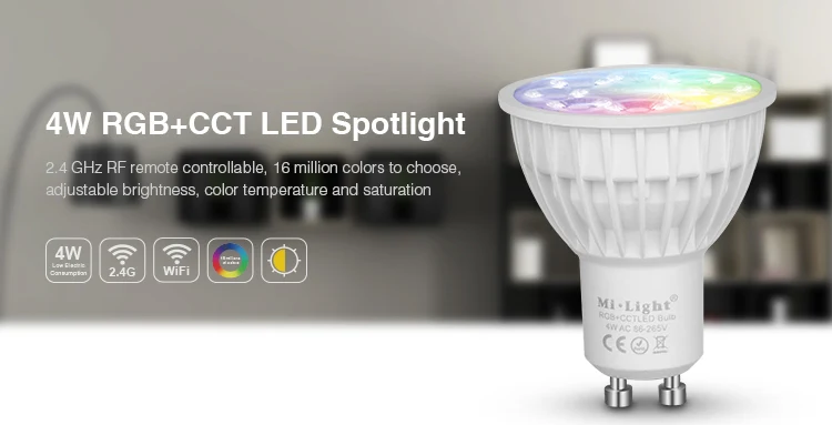 MiLight AC86-265V 4W LED Bulb GU10 Dimmable LED Lamp Light RGB+Warm White+White (RGB+CCT) Spotlight Indoor Living Room
