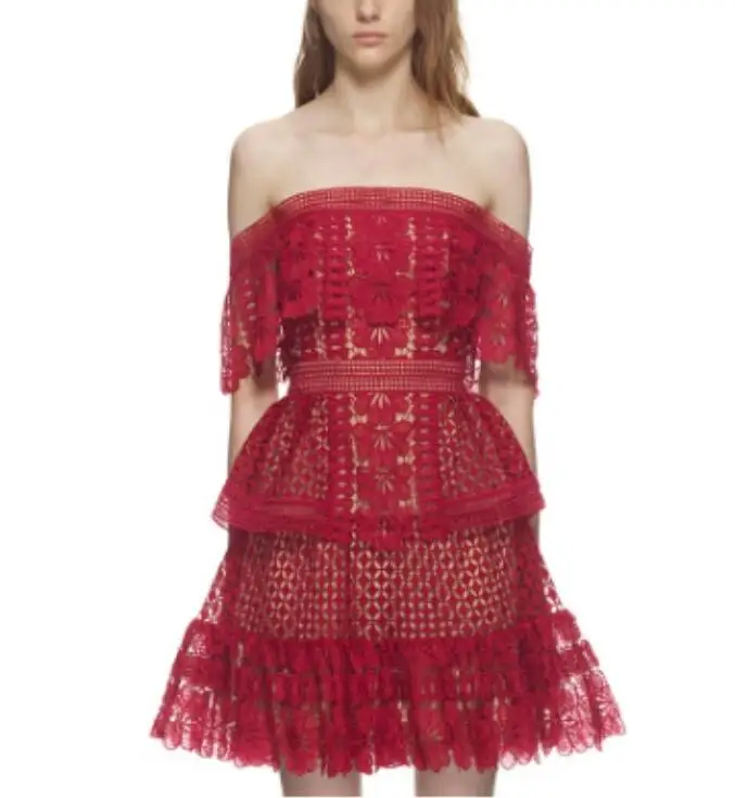 Женское ажурное платье SHTONGHUA розовое и красное кружевное с вырезом лодочкой для