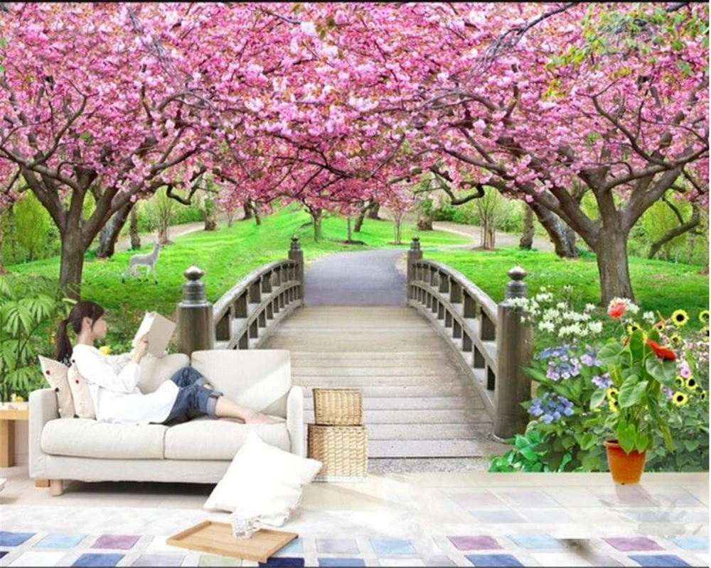 Пользовательские обои 3D фото вишневого дерева мост фон для гостиной фоновые