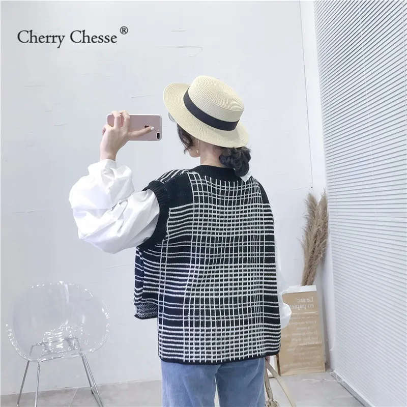 Cherry Chesse Harajuku Лоскутная клетчатая блузка с пышными рукавами Асимметричный Топы