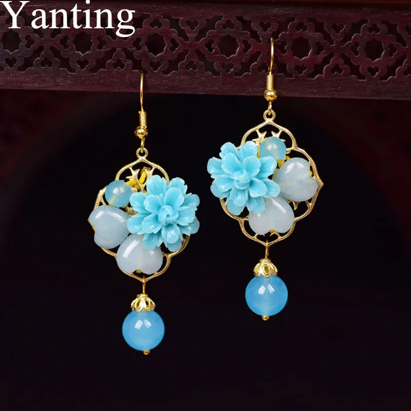 Yanting, этнические серьги с натуральным камнем для женщин, голубой халцедон, смола, цветок, сладкое сердце, бусины, серьги, модные ювелирные изделия 0417