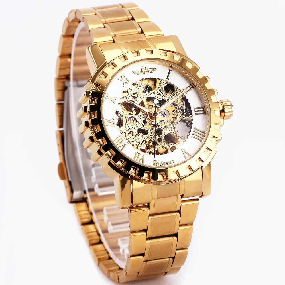 Мужские автоматические механические часы WINNER золотистый ремешок из нержавеющей