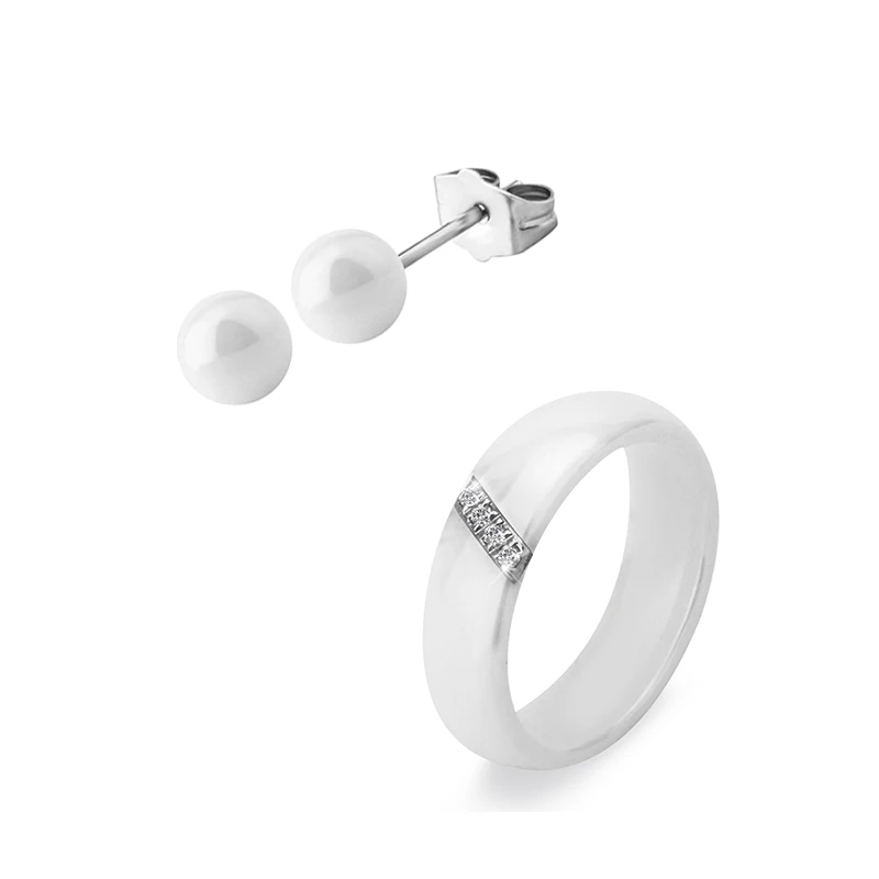 Simple Style Jewelry Sets Round Ceramic Stud Earrings And Crystal Ring Black White Color For Women Classic Wedding Party | Украшения и