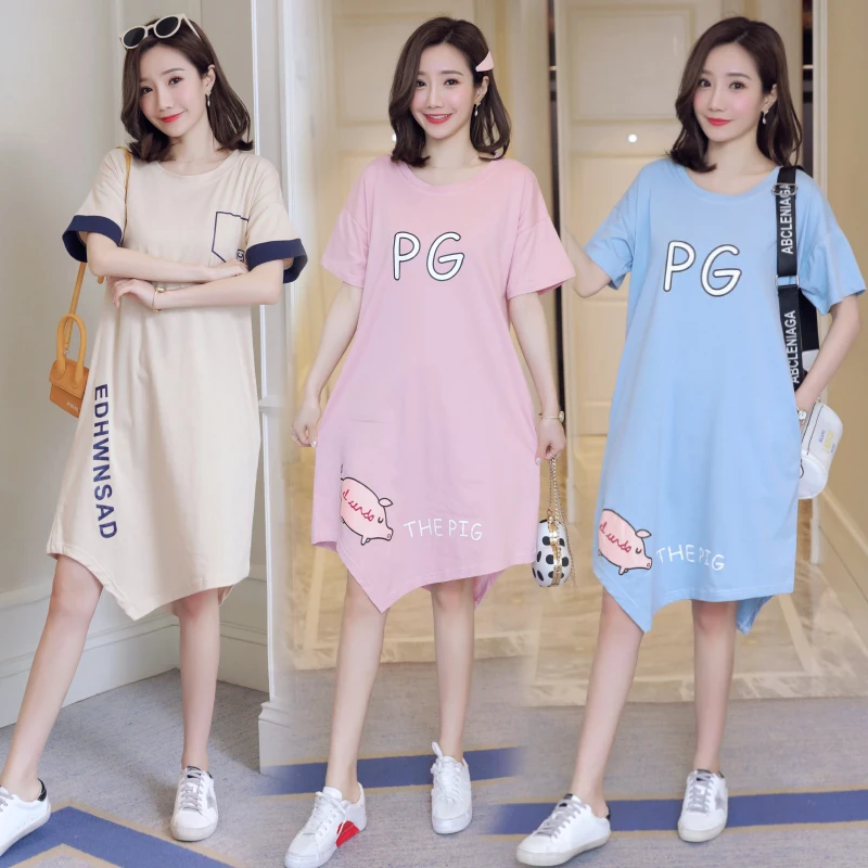 Фото Летние корейские длинные футболки модное платье для беременных с асимметричным