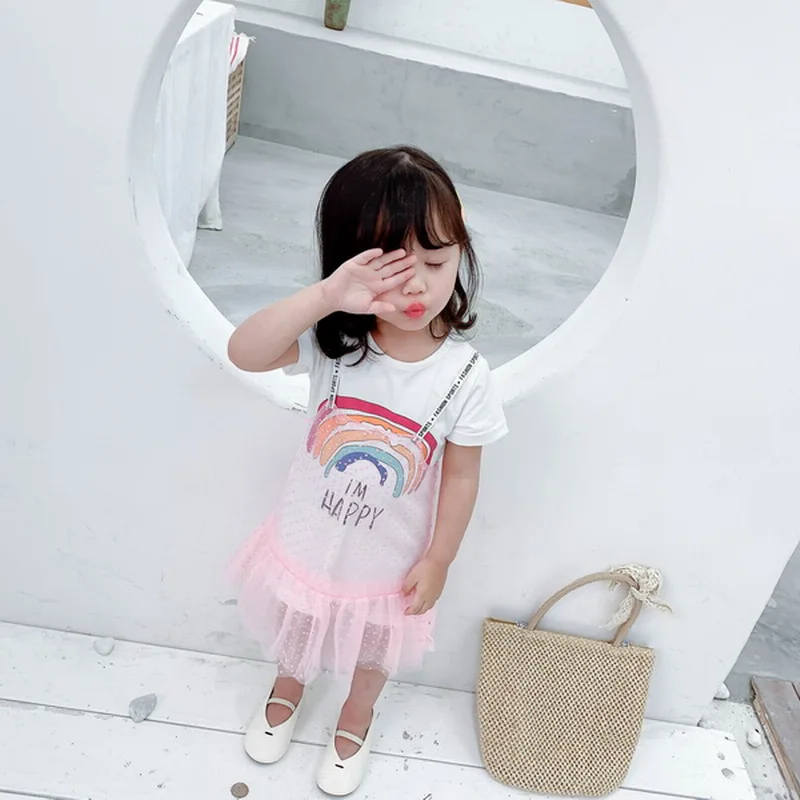 Милое детское Радужное платье летняя детская одежда с радугой платье-пачка