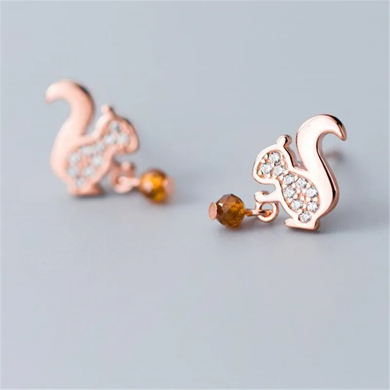 Rose Gold 925 пробы, серебро/розовое золото, милые животные, элемент, белка, сосновый орех, серьги для пирсинга, очаровательные, модные ювелирные изделия для женщин - Окраска металла: Rose Gold