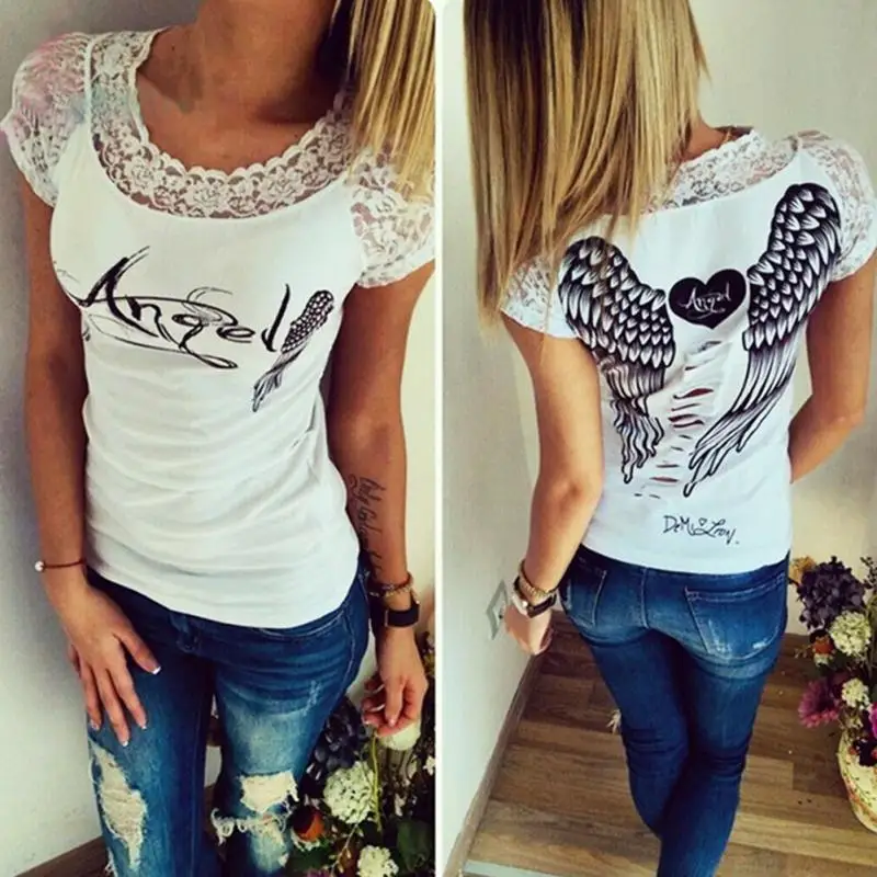 Летняя женская футболка с крылышками кружевная коротким рукавом|fashion women t shirt|womens