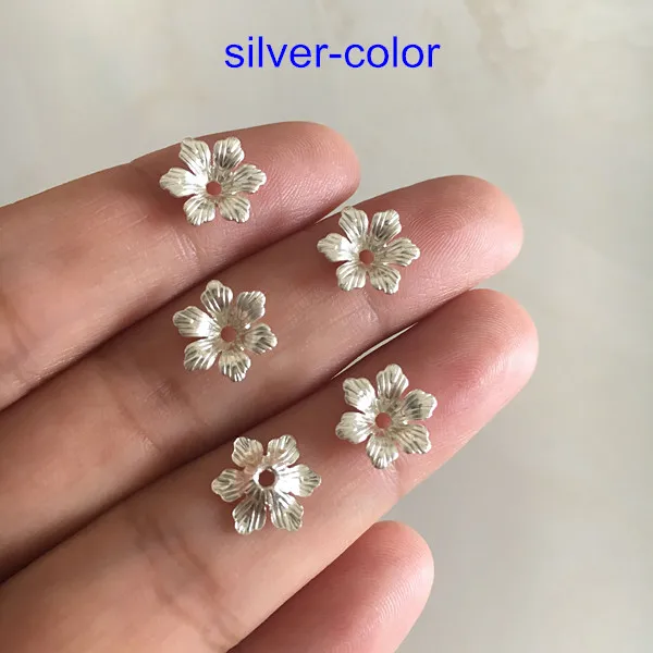 silver color 100 шт 10 мм латунные бусины для цветов, 6 лепестков для изготовления ювелирных изделий и рукоделия, золотой/серебряный/стальной/бронзовый цвет - Цвет: silver color
