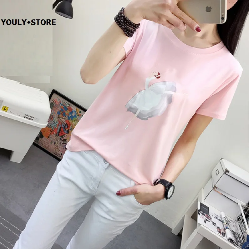 Женская футболка с принтом балета Повседневная Свободная Однотонная из хлопка