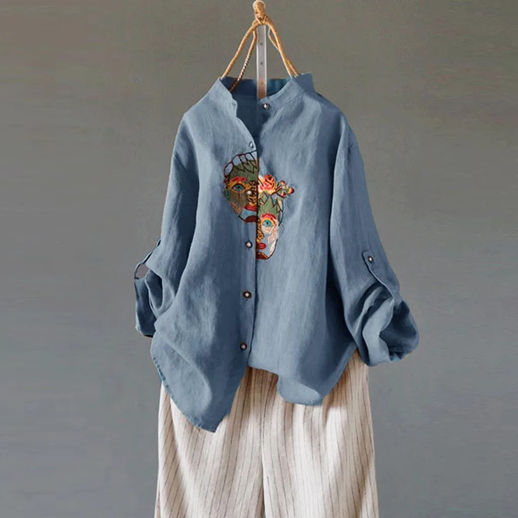 Женская льняная блузка с вышивкой размера плюс Повседневная Свободная футболка
