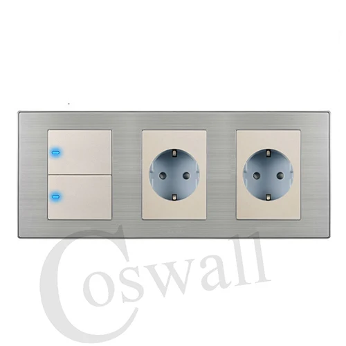 Champagne Coswall 16А стандарт ЕС настенная двойная розетка+ 2 комплекта 1 позиционный светильник с Светодиодный индикатор панель из нержавеющей стали 236*86 мм - Цвет: Champagne