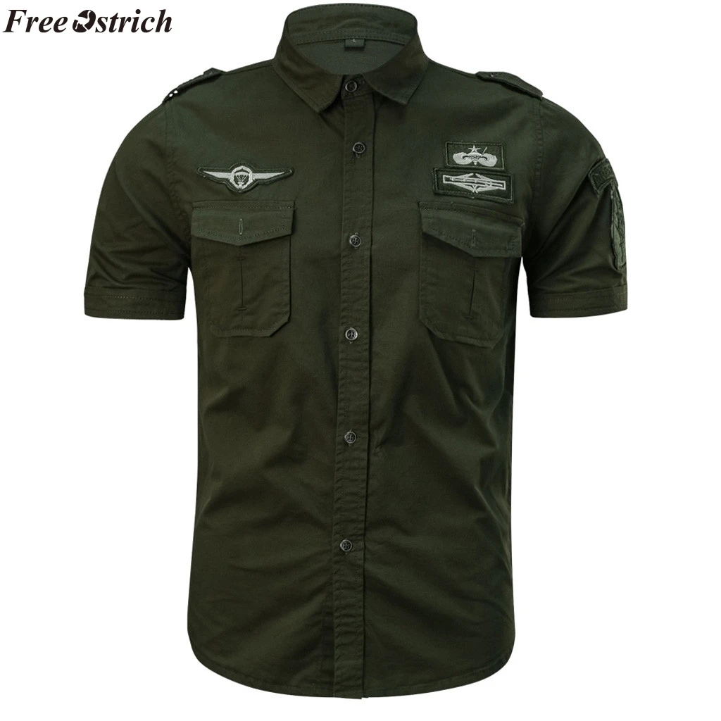 FREE OSTRICH Men Casual Cotton Military Style Short Sleeve Slim Shirt Lapel Button Shirt Fashion Clothing Comfort Plus Size 2nd